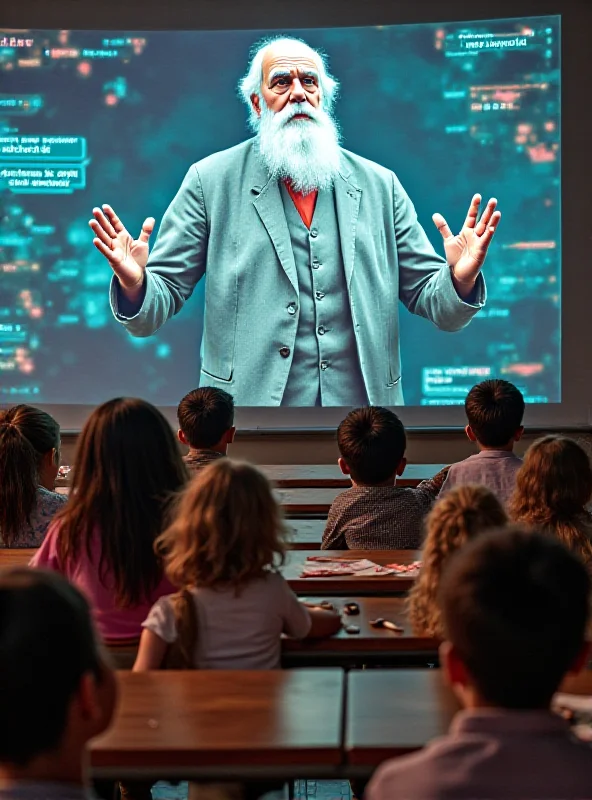 A classroom scene with students interacting with a holographic projection of Charles Darwin