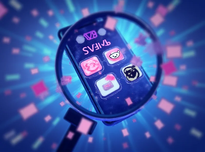 Illustration of a magnifying glass focused on a smartphone screen displaying social media icons, representing the investigation of tech companies.