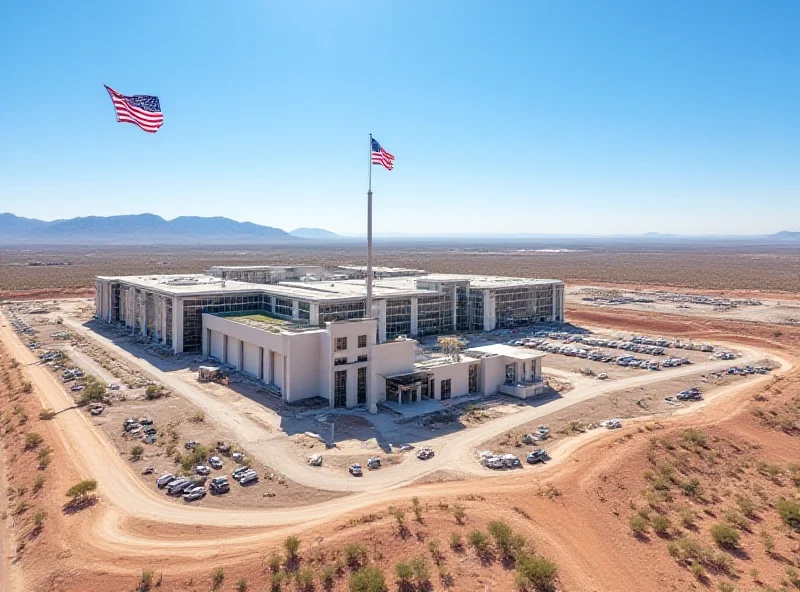 Aerial view of a TSMC chip fabrication plant under construction in Arizona, with the American flag waving in the background.