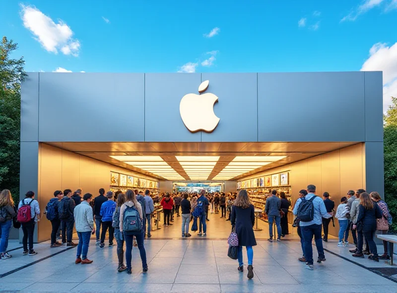 Rendering of an Apple store exterior with many people shopping and walking around. The sky is bright blue and the scene is very vibrant.