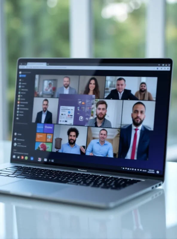 Microsoft Teams logo displayed on a modern laptop screen, showcasing a business meeting in progress.