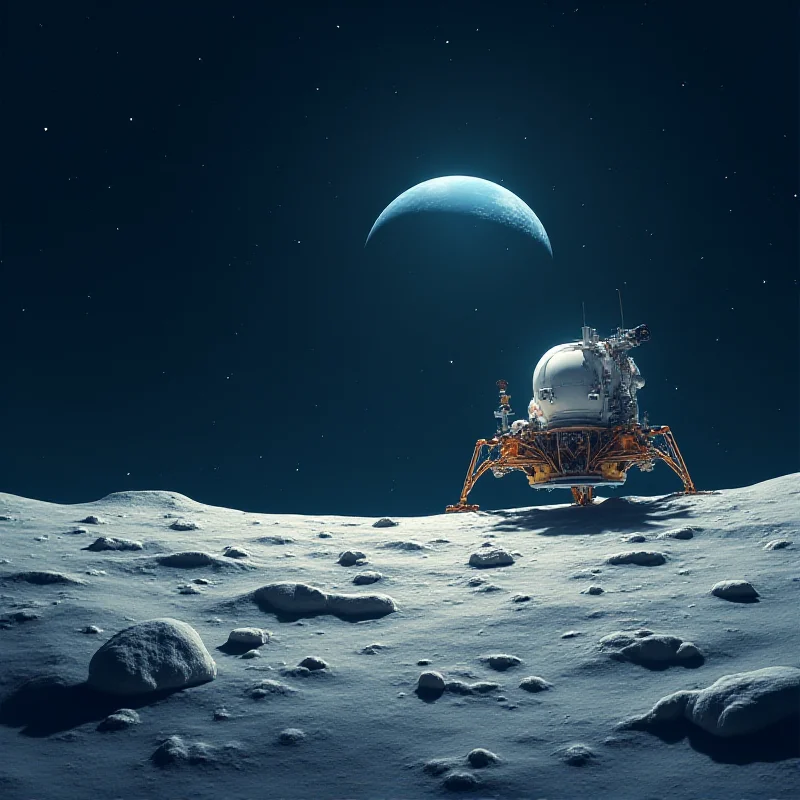 A stylized illustration of a lunar lander descending toward the moon's surface, with Earth visible in the background. The lander is bathed in a soft glow, and the scene evokes a sense of wonder and discovery.