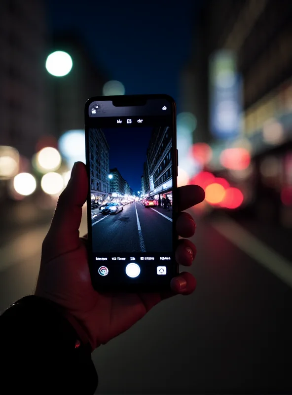 A person holding a Xiaomi 15 Ultra smartphone, taking a photograph in a busy city street at night.