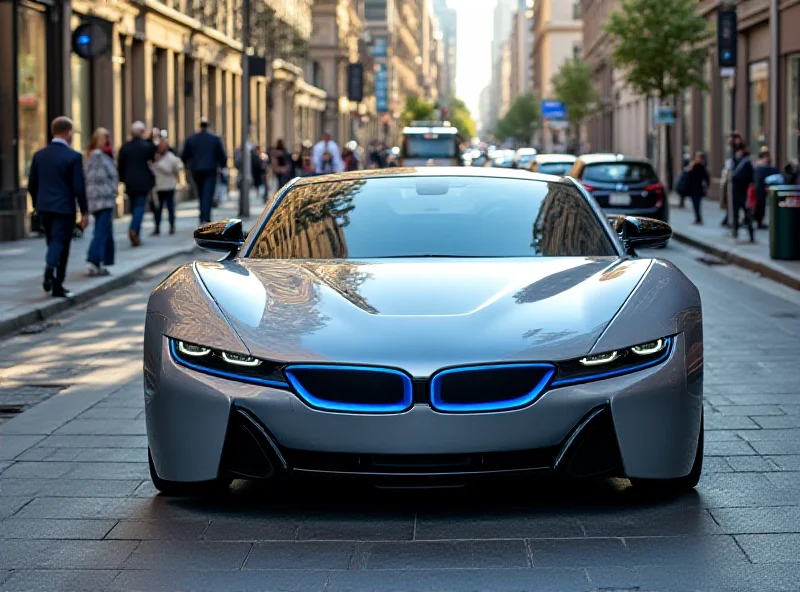 Sleek, modern electric BMW vehicle parked in a city street with charging station visible in the background.