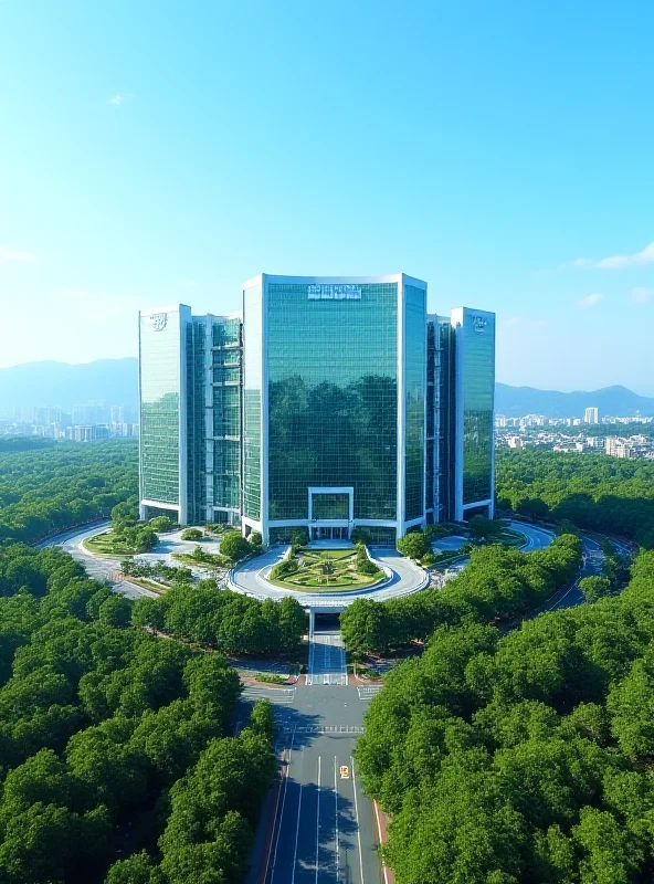 Aerial view of the TSMC headquarters in Hsinchu, Taiwan, with modern architecture and surrounding green landscape.