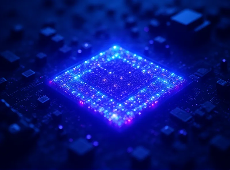 Conceptual image of a quantum computer processor with glowing blue and purple light effects.