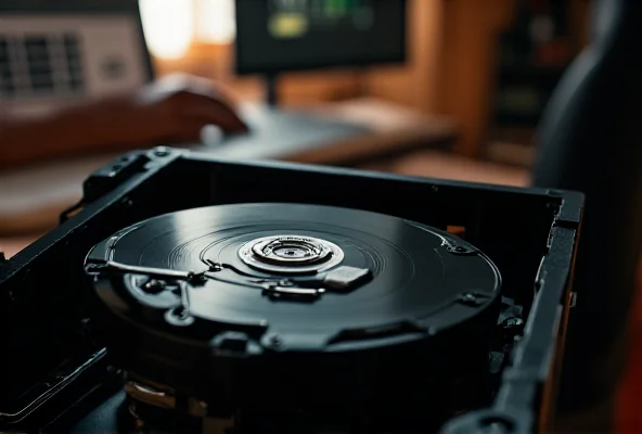 Image of an open computer case showing a hard drive and SSD installed, with blurred background of a person working at a desk.