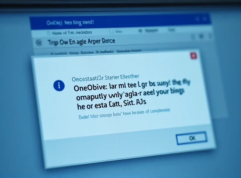 A close-up of a computer screen displaying a fake OneDrive error message, with a blurred background showing a Microsoft SharePoint interface.