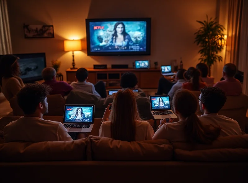 A diverse group of people watching a Netflix movie on various devices.