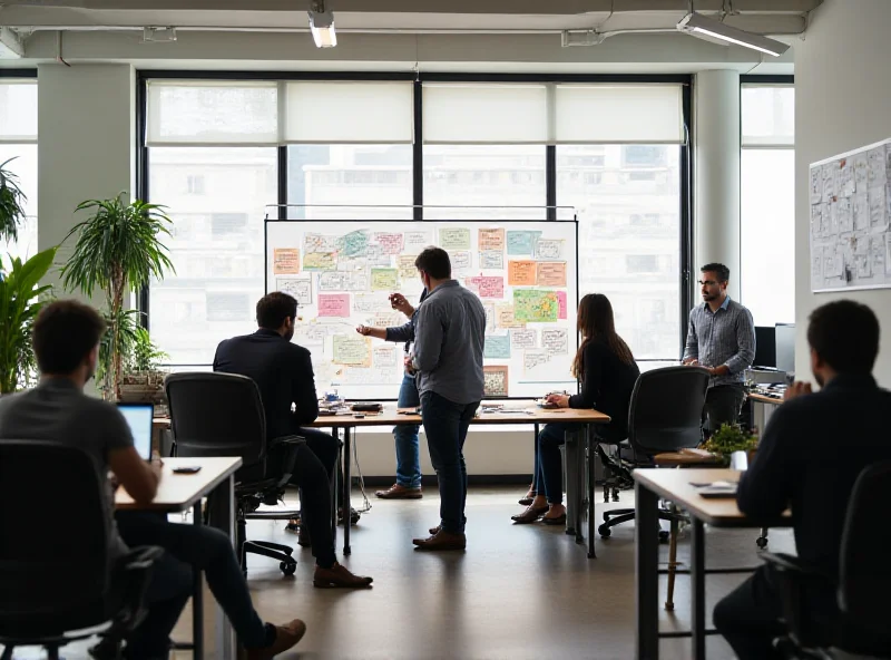 A modern office space with people collaborating on laptops and tablets.