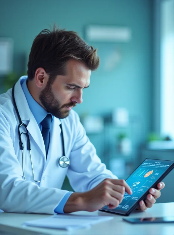 Doctor using a tablet with an AI assistant interface, focusing on patient data.