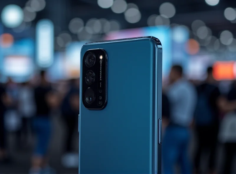 Close-up shot of a Xiaomi 15 Ultra smartphone showcasing its 200MP periscope camera, with a blurred background suggesting a busy tech convention.