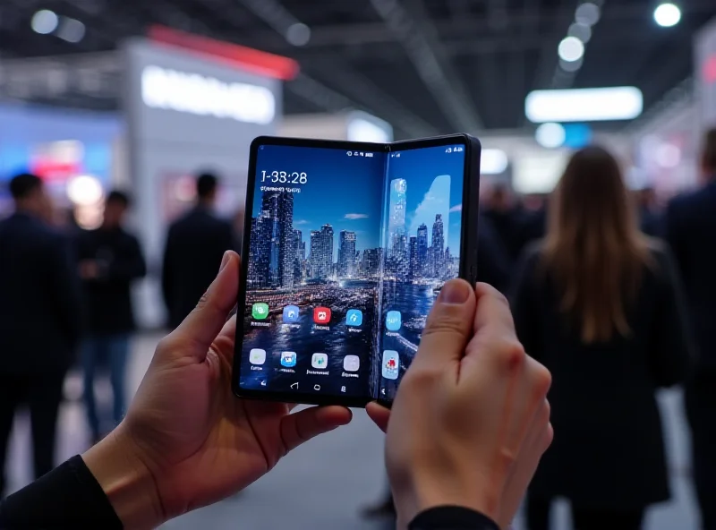 A person holding a Huawei smartphone with a double-foldable display, transforming it into a tablet. The background shows the bustling environment of the MWC 2025 trade fair.