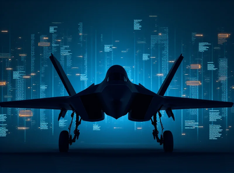 A stylized, futuristic depiction of an F-22 fighter jet silhouetted against a digital backdrop representing data streams and online commentary, symbolizing the scrutiny of its engine performance data.