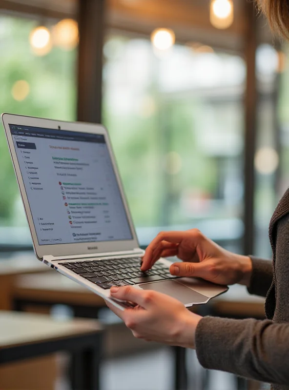 A person holding a sleek, silver Apple MacBook Air laptop in a brightly lit cafe.