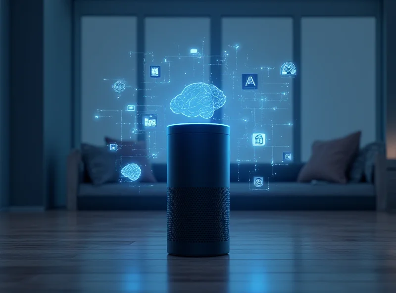 Illustration of a futuristic Alexa device with glowing AI interface