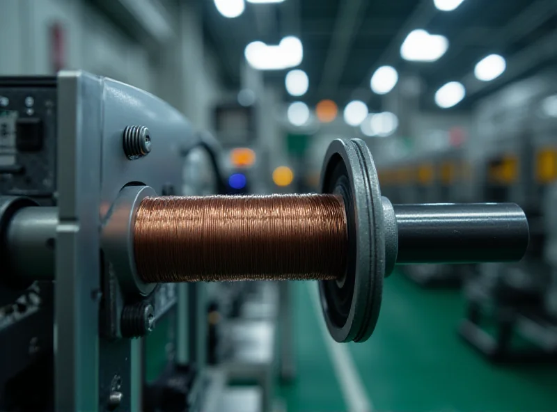 A high-tech coil winding machine in operation, showing the precise winding of copper wire onto a coil form.