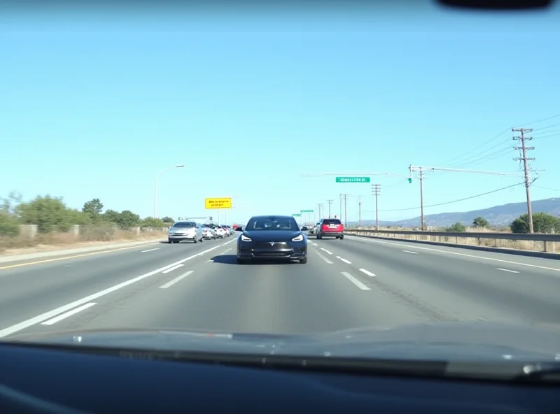 A Tesla car driving on a highway with its Full Self-Driving (FSD) system engaged, showing a graphical overlay of the car's perception of its surroundings.