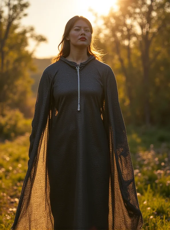 A person wearing a futuristic solar-powered cloak in a sunny outdoor environment.