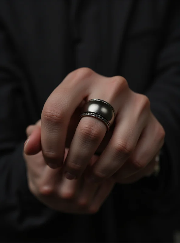 Close-up shot of a person's hand wearing the Circular Ring 2. The ring is sleek and modern in design. The background is blurred to focus on the ring and the person's hand.