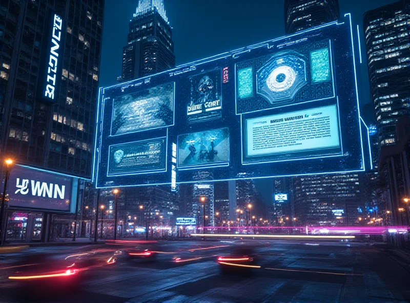 A futuristic cityscape with holographic displays showing news headlines and AI warnings, emphasizing the theme of technology and information security.
