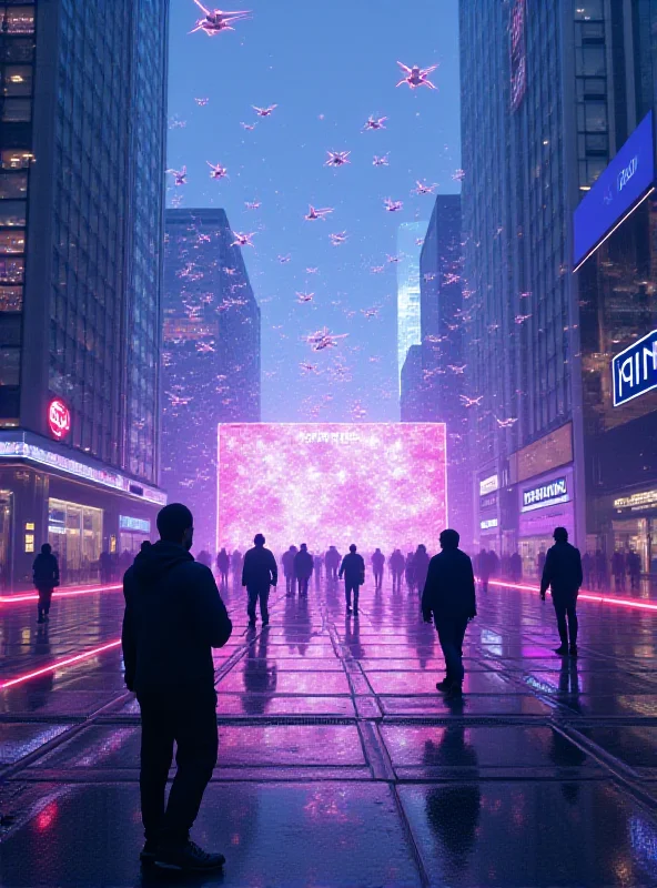 A futuristic cityscape with holographic displays showcasing the MWC 2025 logo and the silhouettes of advanced smartphones, representing innovation and connectivity.