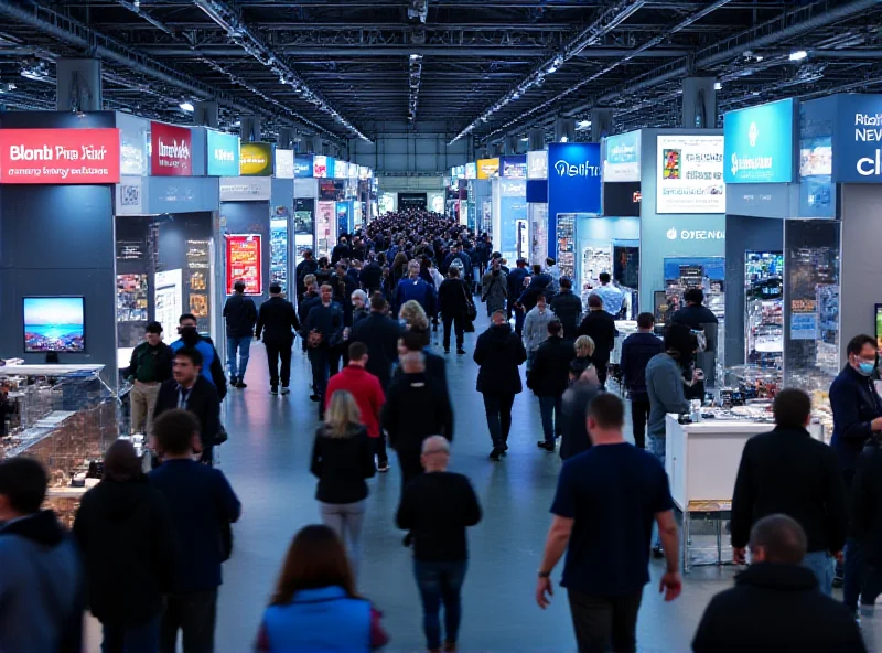 Crowd at Mobile World Congress, showcasing various tech products.