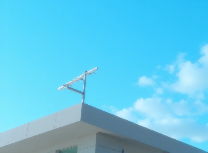 A modern TV antenna mounted on a rooftop, with a clear blue sky in the background.