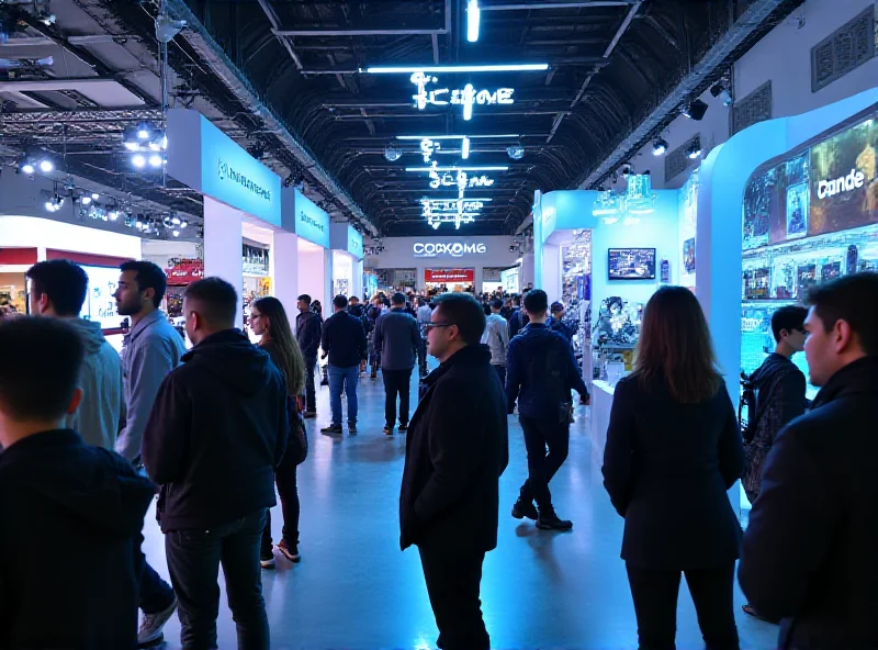 A vibrant scene from MWC 2025, showing attendees interacting with various tech products in a bustling exhibition hall.