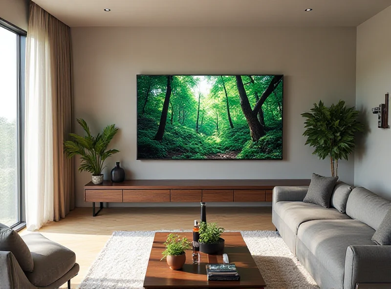 A modern living room showcasing a 65-inch Sony Bravia 8 TV displaying a vibrant nature scene.