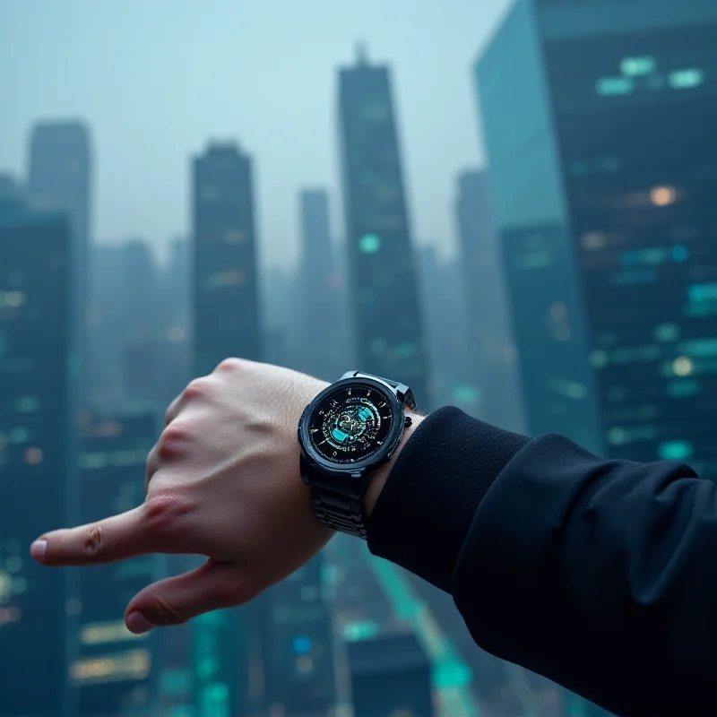 A person wearing a smartwatch, interacting with its touch screen. The background shows a futuristic cityscape.