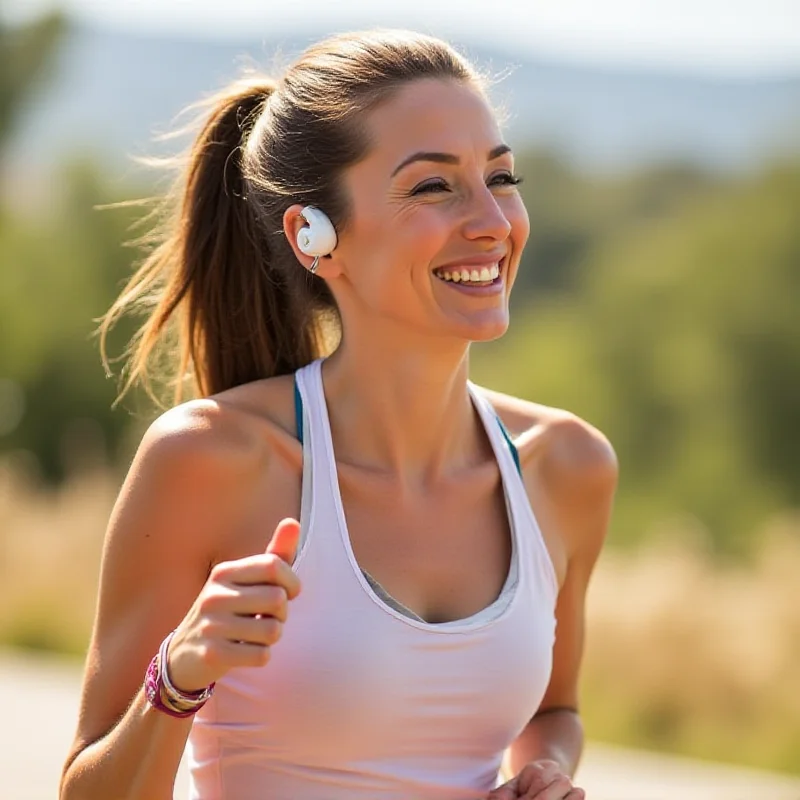 A person wearing the Soundcore AeroFit 2 open-ear earbuds while running outdoors, emphasizing their comfortable fit and design for active lifestyles.