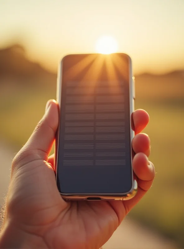 A smartphone with a thin solar panel integrated into its back, charging in the sun.