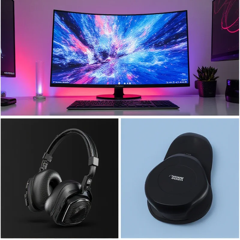 A collage showcasing the Samsung OLED display, Logitech G Pro X SE headset, and Crucial P310 SSD.