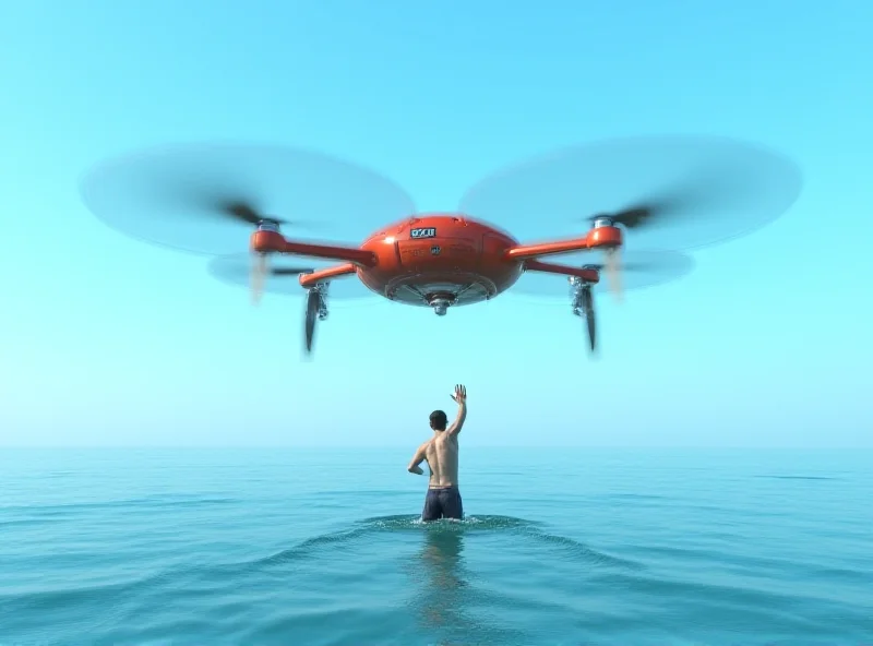 A futuristic lifebuoy with visible propellers, hovering above the ocean, autonomously heading towards a person struggling in the water, with a clear blue sky in the background.