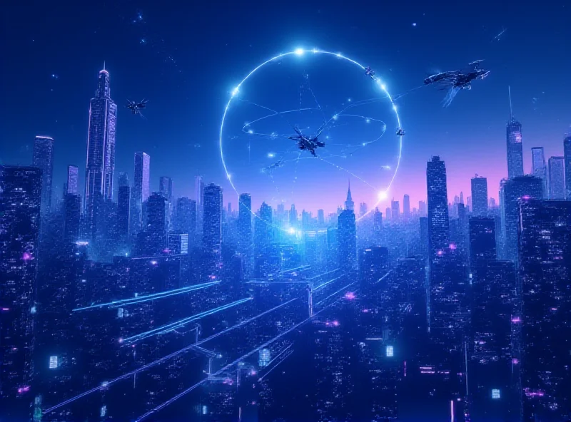 Illustration of 6G technology with satellites and futuristic cityscape