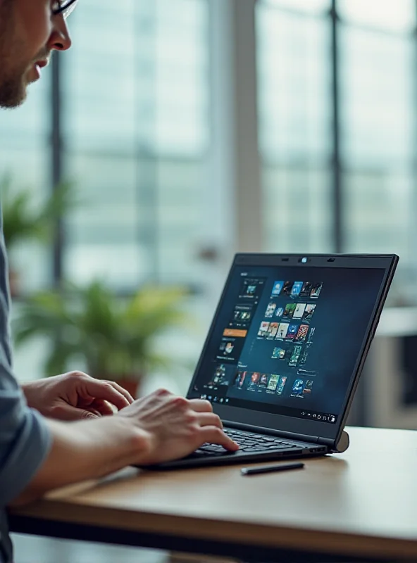 Lenovo ThinkBook Codename Flip laptop with the screen fully extended vertically, showing the dual-screen setup. A person is using the laptop in a bright, modern office environment.