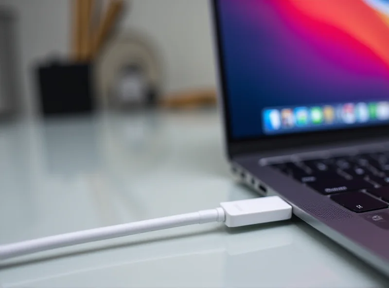 A close-up of a modern USB-C monitor connected to a laptop with a single USB-C cable, showcasing the clean and clutter-free setup. The monitor displays a crisp, colorful image.