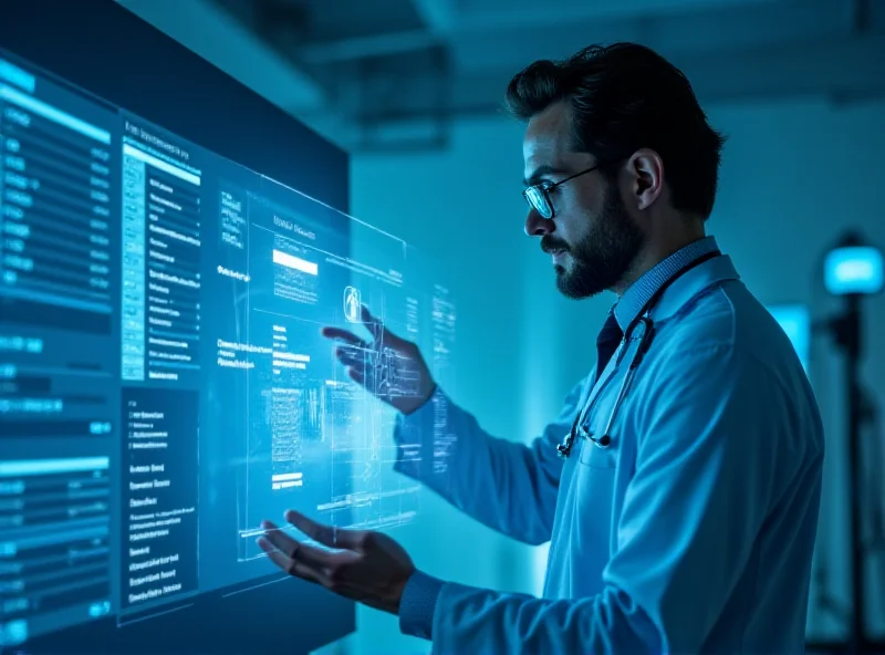 A doctor interacting with a holographic display showing patient data, powered by AI.