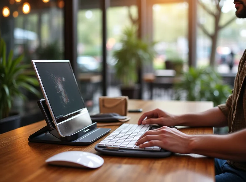 A person working remotely at a coffee shop, using the ProtoArc CaseUp combo. The keyboard, mouse, and laptop stand are neatly arranged on the table, creating a comfortable and efficient workspace.