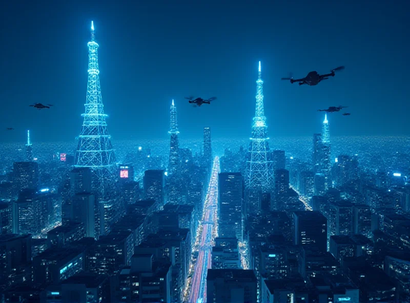 Illustration of 5G network towers in a futuristic Japanese city.