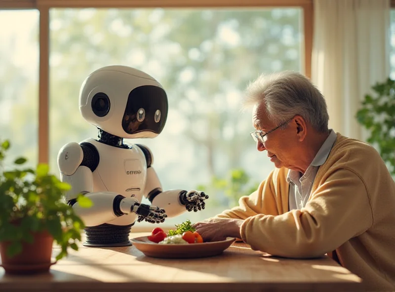 A friendly robot assisting an elderly person in a modern Japanese home.