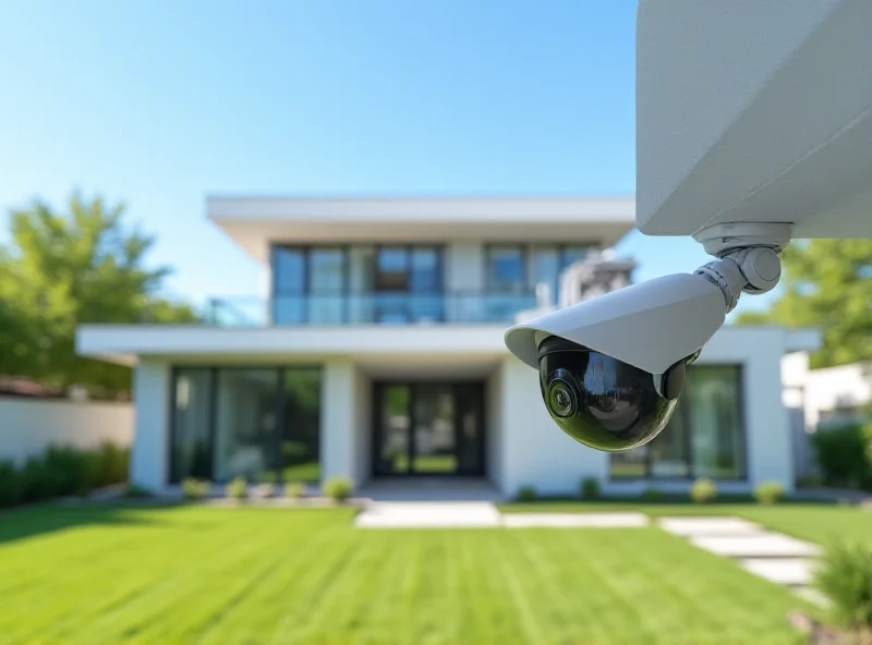 A modern house exterior with a 4K security camera mounted under the eave, capturing a wide view of the front yard.