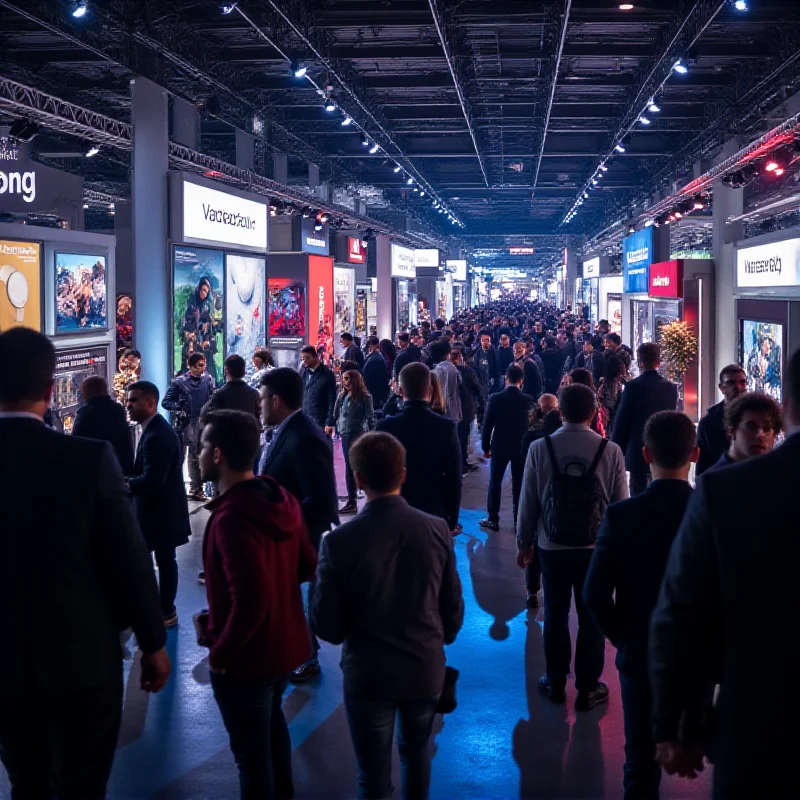 A bustling scene at Mobile World Congress in Barcelona, showcasing various booths with displays of new phones, wearables, and robotic technologies.