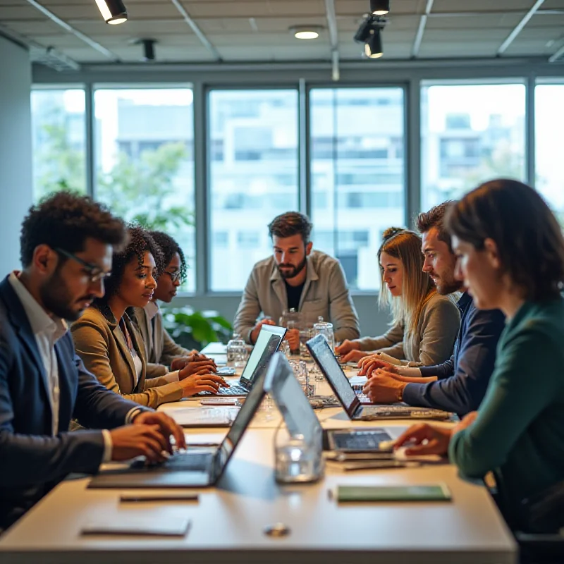 Diverse group of professionals collaborating in a modern, tech-focused office environment.