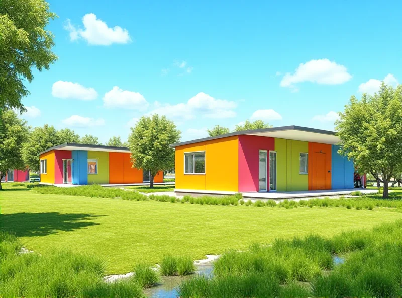 Exterior view of modern modular classrooms on a school campus.