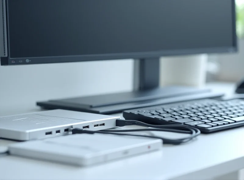 A sleek USB-C docking station with multiple ports connected to various devices on a clean, modern desk.