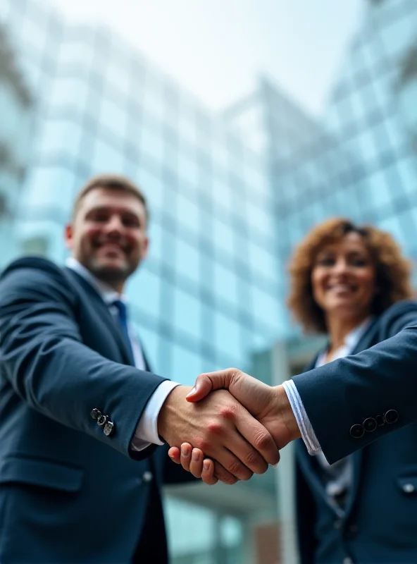 Two business professionals shaking hands in front of a modern office building, symbolizing a strategic partnership.