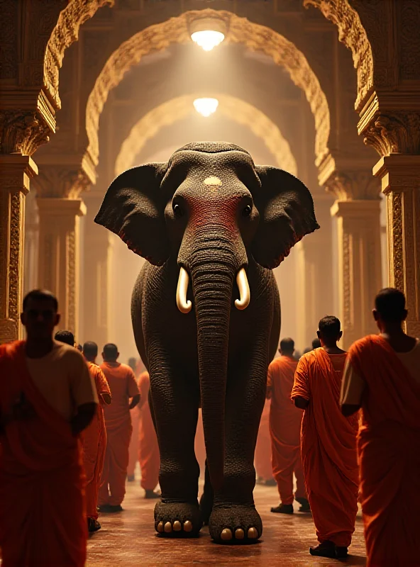 A life-size robotic elephant standing in a Hindu temple in India, surrounded by worshippers.