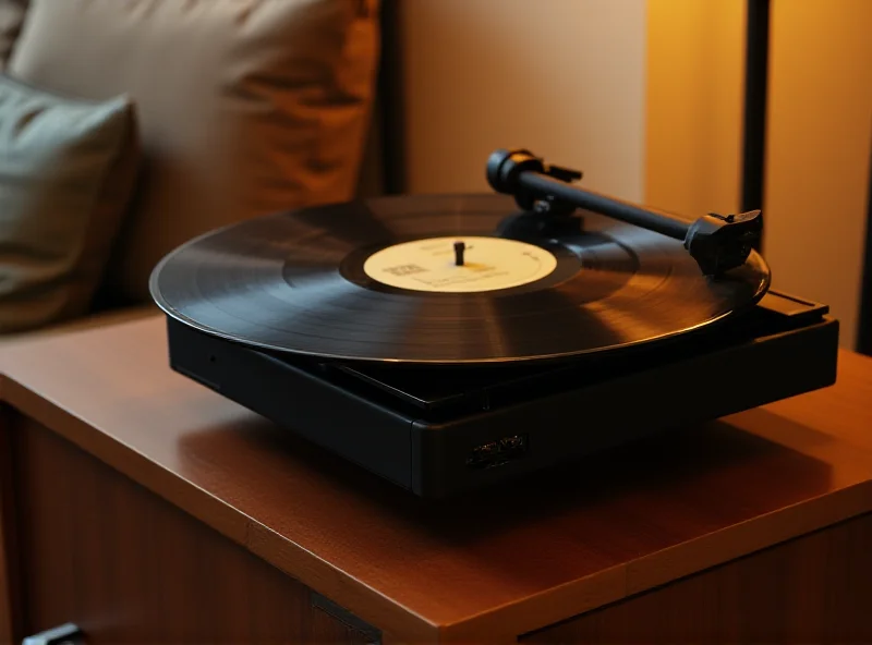 A Victrola Stream Carbon turntable playing a vinyl record, with a focus on the connectivity ports and sleek design.